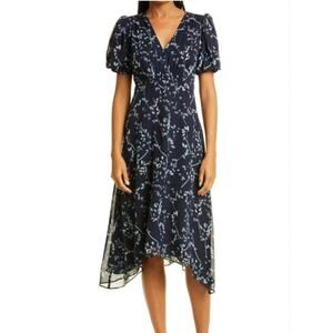 Club Monaco Women's Dress Size 12 NEW Floral Print Puff Sleeve Silk Midi Navy